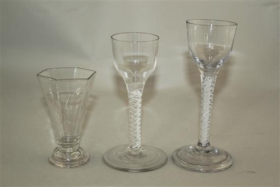 Two opaque twist stem semi cordial glasses and a jelly glass, late 18th century, 9.5 - 15cm